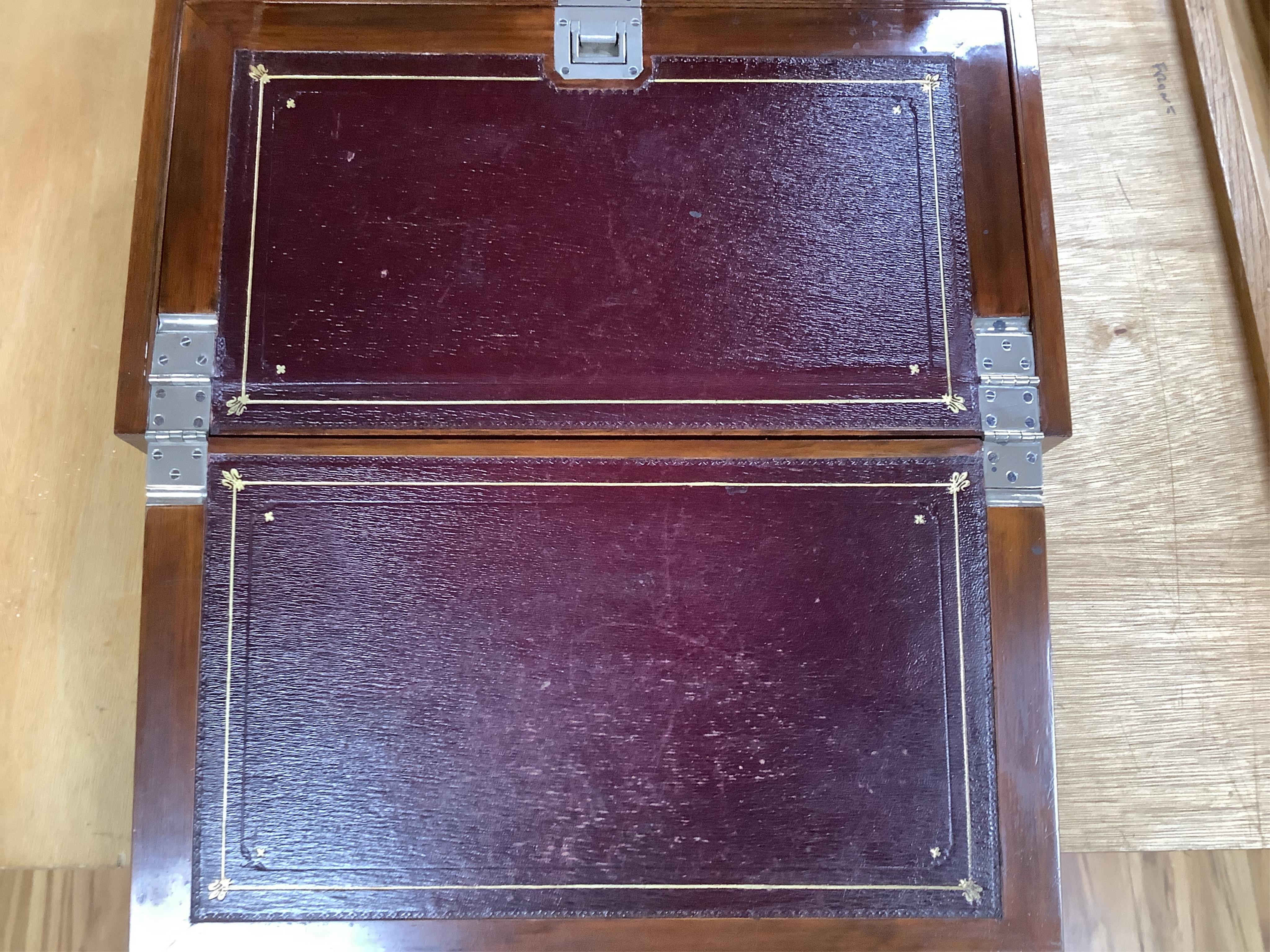 A Victorian burr walnut travelling stationery compendium combined with writing slope, 43cm wide. Condition - fair